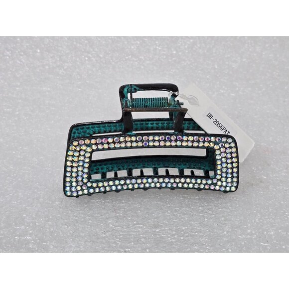 Large Rhinestone Embellished Hair Claw Clip Black & Teal - Picture 1 of 3